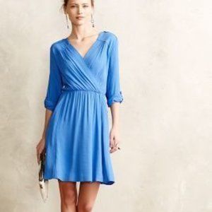 Anthropologie Maeve Lene Crepe Faux Wrap Blue Mini Dress Size Large